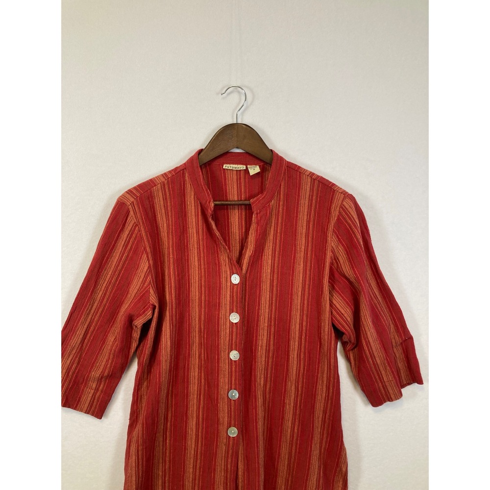 Vtg PUTUMAYO‎ Striped Mandarin Collar 3/4 Sleeve Cotton Button Up Tunic Top M - Picture 4 of 8